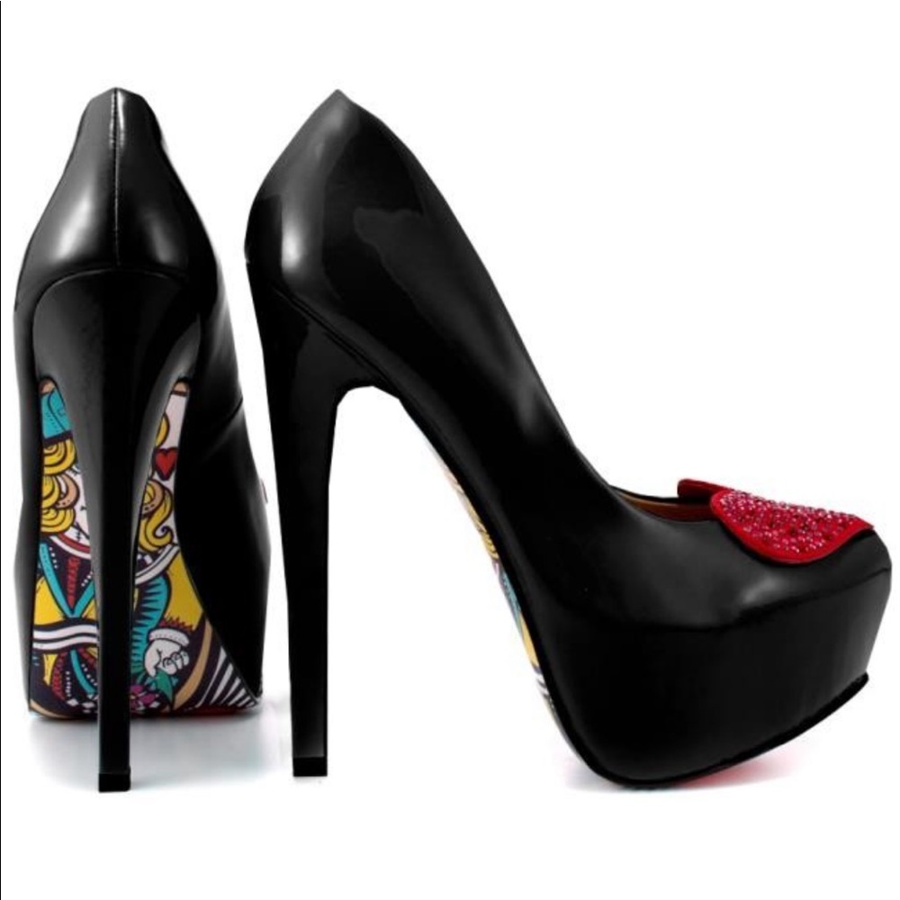 Taylor says black patent leather red sparkly heart pointed toe platform heels